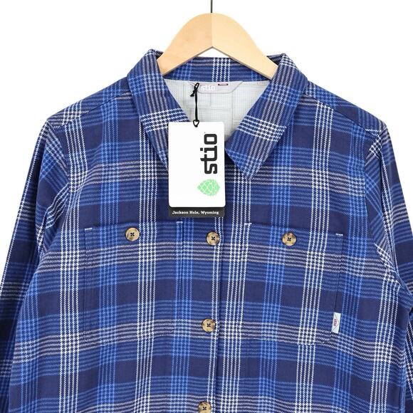 NWT Stio Hutkeeper Heavyweight Flannel Shirt In Mountain Shadow Plaid Blue Large - Picture 5 of 9